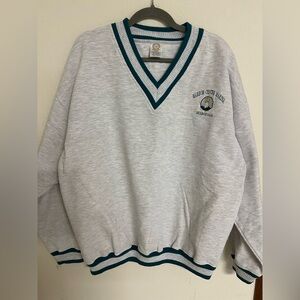 Vintage Light Gray V-Neck Sweater with Teal Trim